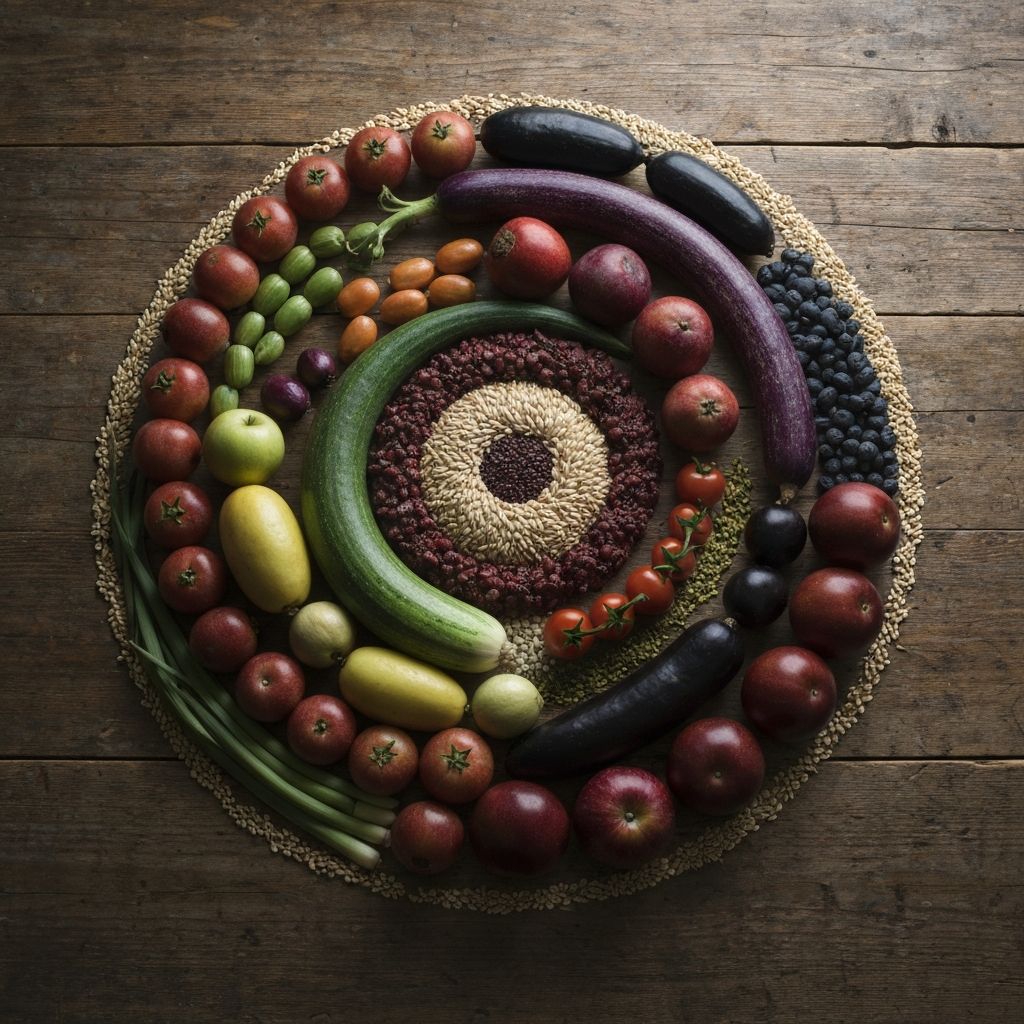 Abundant arrangement of fresh fruits, vegetables, and whole grains under natural light