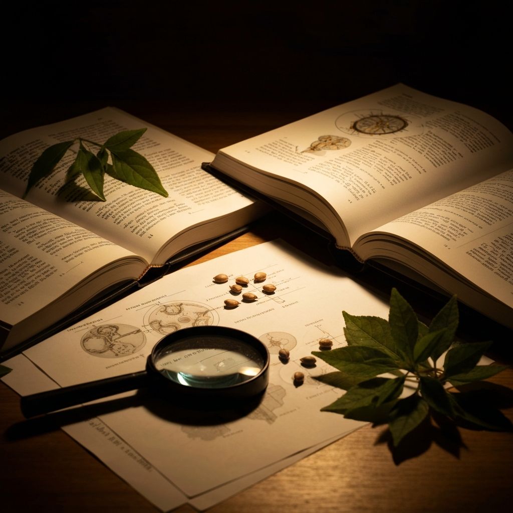 Open books, scientific papers and botanical specimens on a wooden desk representing nutrition research and knowledge